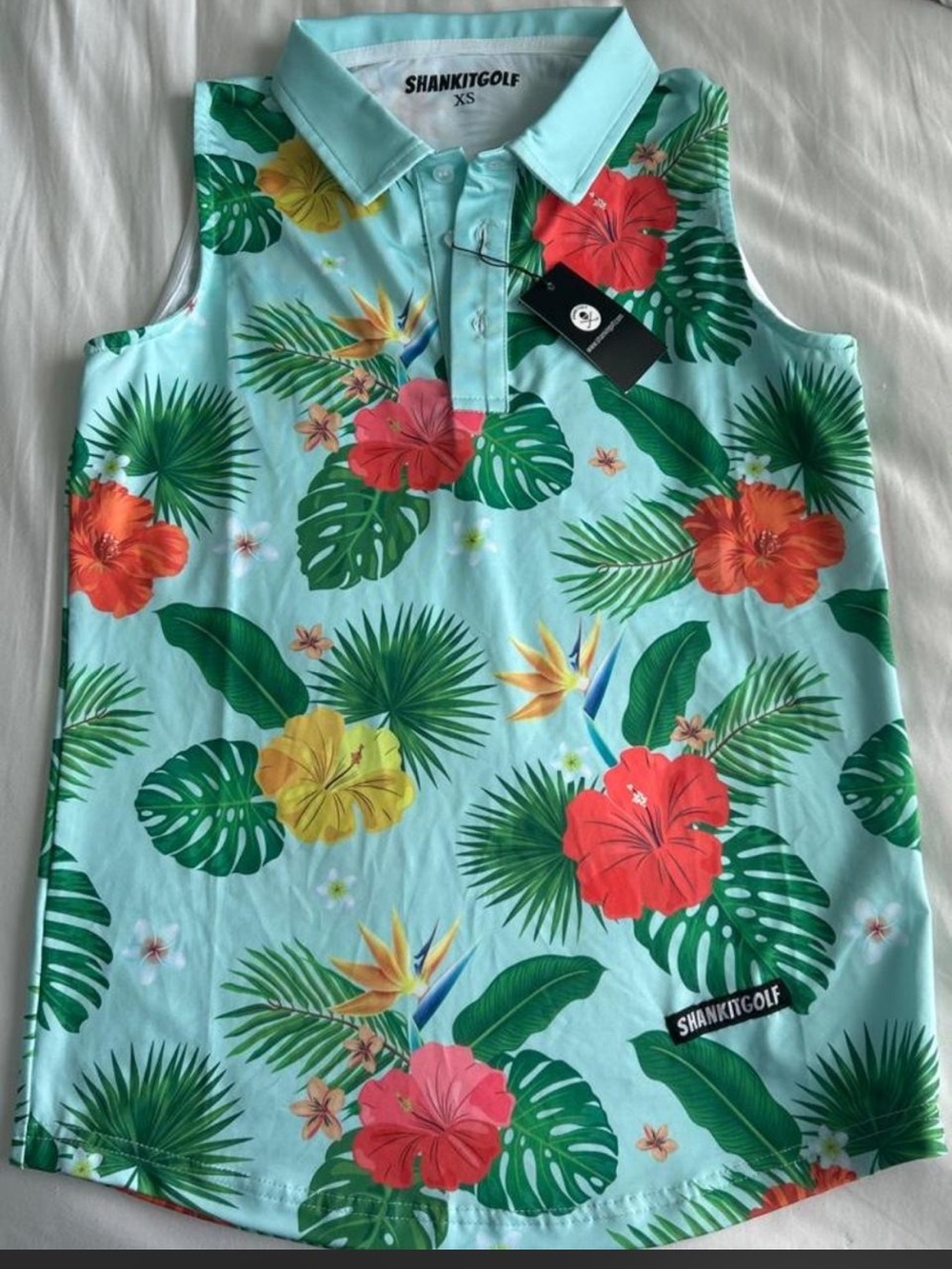 Women's Tropical Floral Sleeveless Polo Tank Top - Light Blue